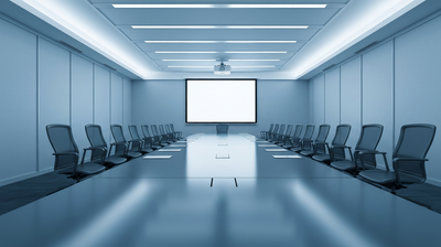 An empty corporate boardroom with a blank presentation screen