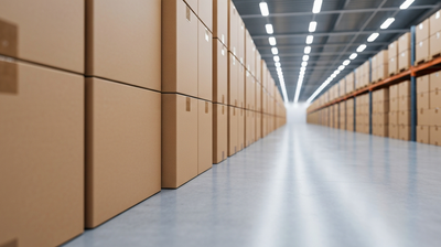 Stacked cardboard boxes in a modern fulfilment warehouse aisle