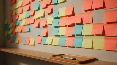 An office wall of colorful sticky notes forming a skills roadmap