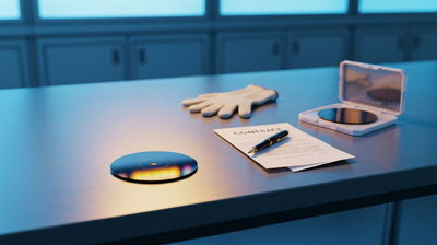 Polished silicon wafer beside a signed contract in a semiconductor cleanroom, symbolizing Samsung workers winning a share of AI chip profits