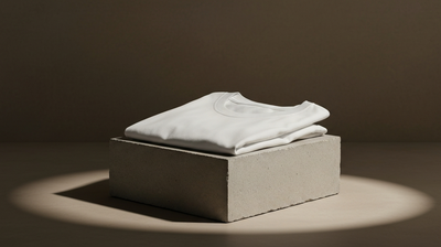 A folded premium t-shirt on a concrete pedestal under gallery lighting