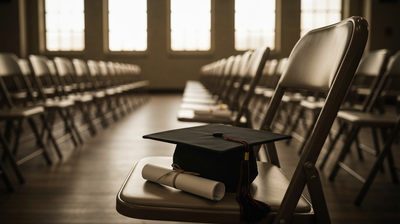 Empty commencement hall with a graduation cap and diploma on a chair, symbolizing the class of 2026 facing an AI-shadowed job market