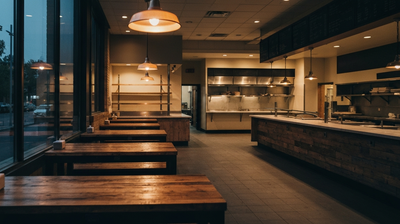 Empty warmly lit vegetarian fast-casual restaurant interior at dusk with bare counters