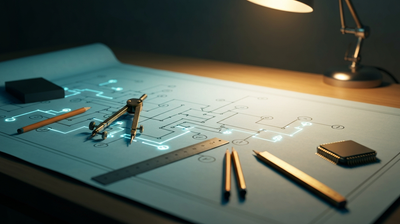 Architectural blueprint of a software system being redrawn with drafting tools, symbolizing AI reshaping the coding job map