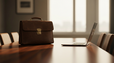 Leather sales briefcase and two chairs angled toward each other, evoking human sales relationships in an AI era
