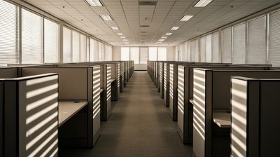 Empty office cubicles striped by sunlight through blinds