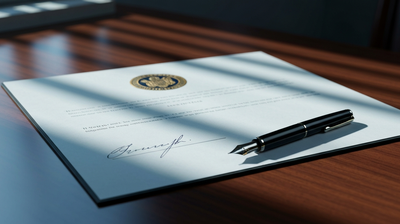 Signed executive order document on dark wood desk