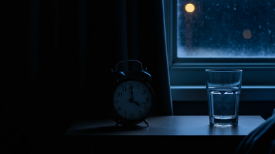 A dim nightstand at 3 a.m. with an analog alarm clock