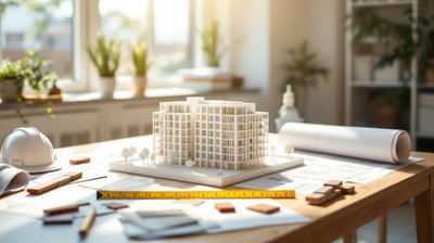 A scale model of an apartment block with building plans and a hard hat on a sunny studio table