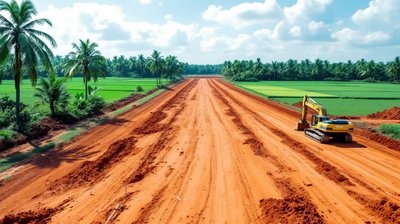 A freshly cleared red-earth industrial plot with survey stakes and an excavator, paddy fields and palms around