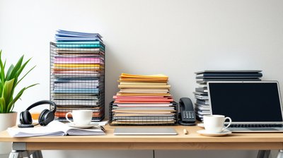One office desk crowded with in-trays, binders, phones and mugs carrying a whole team's work