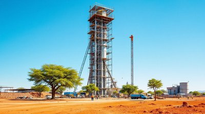 A cement plant tower under construction in dry Kenyan countryside with small figures of workers