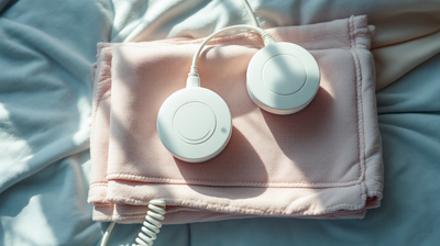 Two fetal monitoring transducers resting on a folded blanket