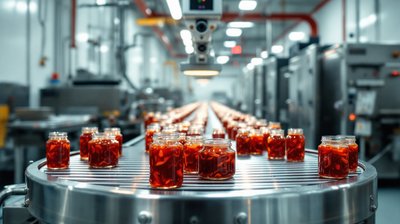 Chili sauce jars passing a camera inspection arch on a factory line
