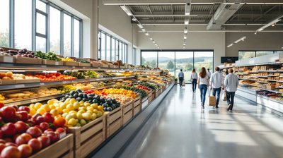 Fresh fruit and vegetables in wooden crates along a bright new supermarket aisle with large windows onto green countryside