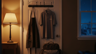 Two different work uniforms hanging on a coat hook by an apartment door at night with a packed bag below, depicting workers juggling two jobs.