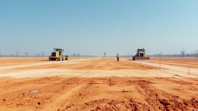 A cleared factory plot in India with earthmovers and a distant surveyor
