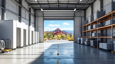An election supply warehouse with shelving and an open dock facing Arizona desert mountains