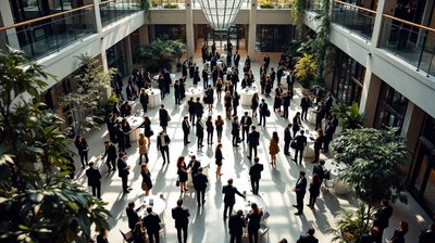 Business school recruiting day, graduates meeting recruiters, from above
