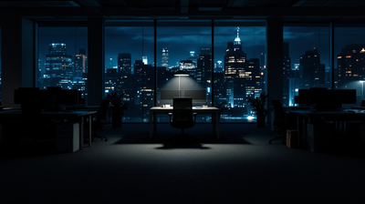 A dark open plan office with one desk lamp still lit