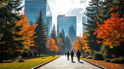 A corporate tech campus in autumn with a few staff walking away along a path in the distance
