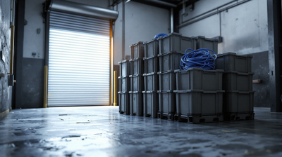 Stacked plain grey plastic stock totes beside a steel roller cage in a retail stockroom