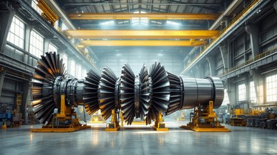 A giant gas turbine rotor on assembly stands in a factory hall