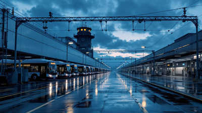 Bus depot at first light, a row of parked buses receding along a wet concrete apron