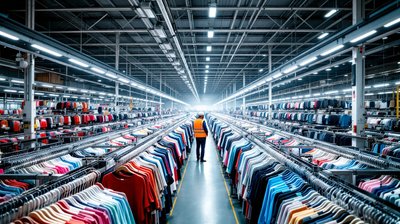 Overhead rails of hanging clothes in an automated warehouse