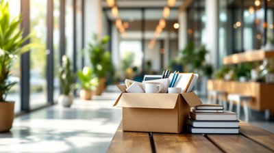 A box of desk belongings on a bench in a sunny bank office lobby
