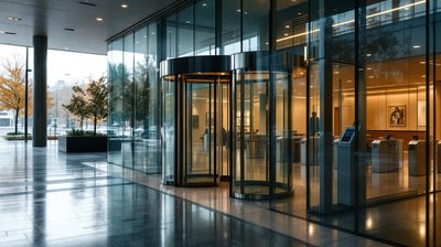 The revolving door entrance and turnstiles of a bank headquarters lobby