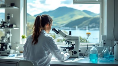 NZ research lab, student at a microscope seen from behind