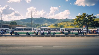 Abuja commuters boarding minibuses, seen from across the road