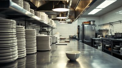 Stacks of clean white plates on a stainless steel restaurant kitchen pass after the last service