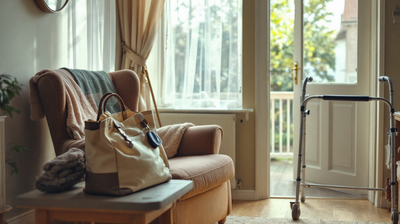 A living room set up for home care with a walking frame and nurse bag