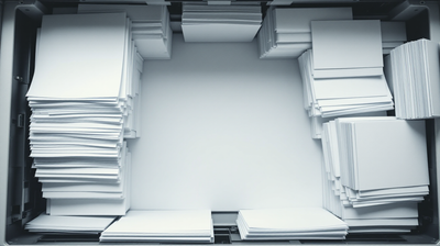 Stacked reams of blank paper in printer output trays