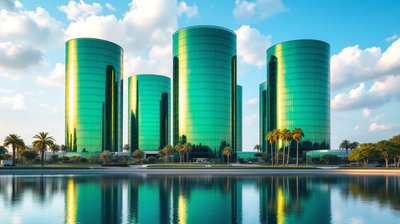 Green glass office towers of a tech company headquarters beside a calm lagoon on a sunny day