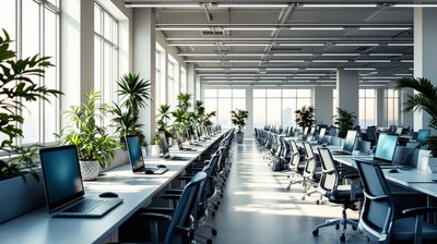 Rows of empty desks with laptops in a bright open-plan customer support office