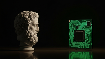 A marble philosopher's bust facing a glowing green circuit board across a dark reflective surface, symbolizing human judgment versus technical skill in the AI job market.