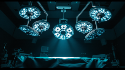 Surgical lightheads suspended above an empty operating table in a darkened theatre, seen from below