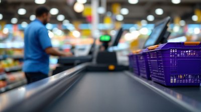 A supermarket checkout conveyor belt with shopping baskets and a cashier working at the till in the background
