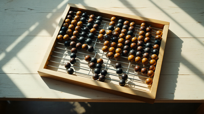 A wooden bead abacus lying on a pale scrubbed table in bright daylight