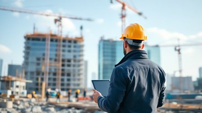 A project manager in a hard hat seen from behind holding a tablet at a busy construction site