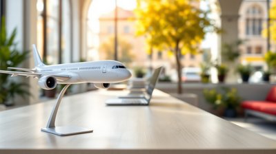 A model passenger jet on a workbench in a bright tech office with city views