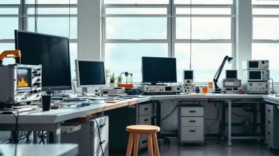 A semiconductor test lab with circuit boards and switched-off screens on the workbenches