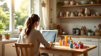 A mother seen from behind working on a laptop with a headset at a sunny kitchen table with toys nearby