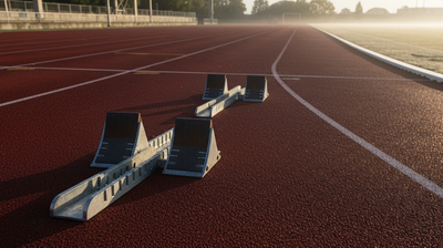 Empty sprint starting blocks at dawn, evoking strong resume action verbs ready to act.