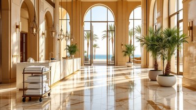 A marble hotel lobby with arches, palms and a towel trolley opening onto the sea