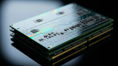 Extreme macro of a stacked semiconductor memory chip module with an iridescent sheen, representing the global chip supply and a Samsung strike.
