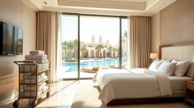 A newly finished hotel room with a freshly made bed and a towel trolley, a pool terrace with palms outside